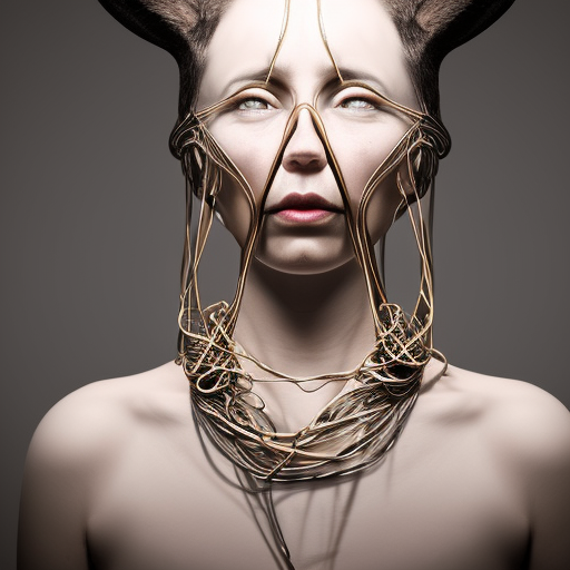 a beautiful futuristic portrait with deer horn made by wires and twisted around her face, necklace made by wires, design by leonardo davinci, inspired by egon schiele, modern art, baroque art jewelry, new classic, hyper realistic, cinematic composition, cinematic lighting, fashion design, concept art, hdri, 4 k -