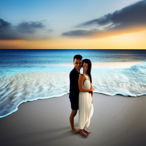 Create an image of a beautiful beach scene, with crystal clear water and white sand. Include a couple in love embracing, with a breathtaking sunset in the background. ultra-realistic portrait cinematic lighting 80mm lens, 8k, photography bokeh