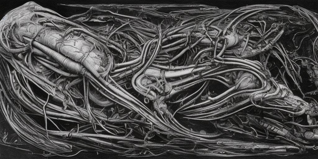 a H.R. Giger of A bird's corpse under water