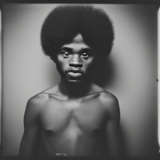 African American male with Afro at crowded basement party, 35mm black and white photography by Daisuke Yokota, ultra-realistic portrait cinematic lighting 80mm lens, 8k, photography