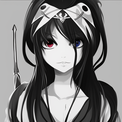 Female anime charactor with sword black and white pencil illustration high quality ultra-realistic portrait cinematic lighting 80mm lens, 8k, photography bokeh