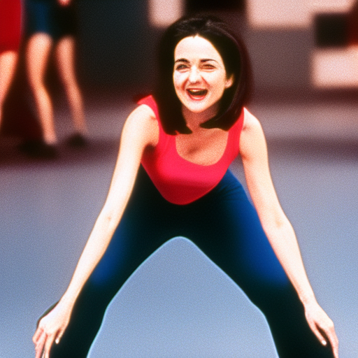 Movie still of Sheryl Sandberg in a movie in 1985 doing aerobics, close up.