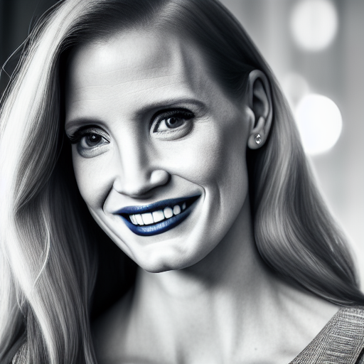 jessica chastain smiling ultra-realistic portrait cinematic lighting 80mm lens, 8k, photography bokeh