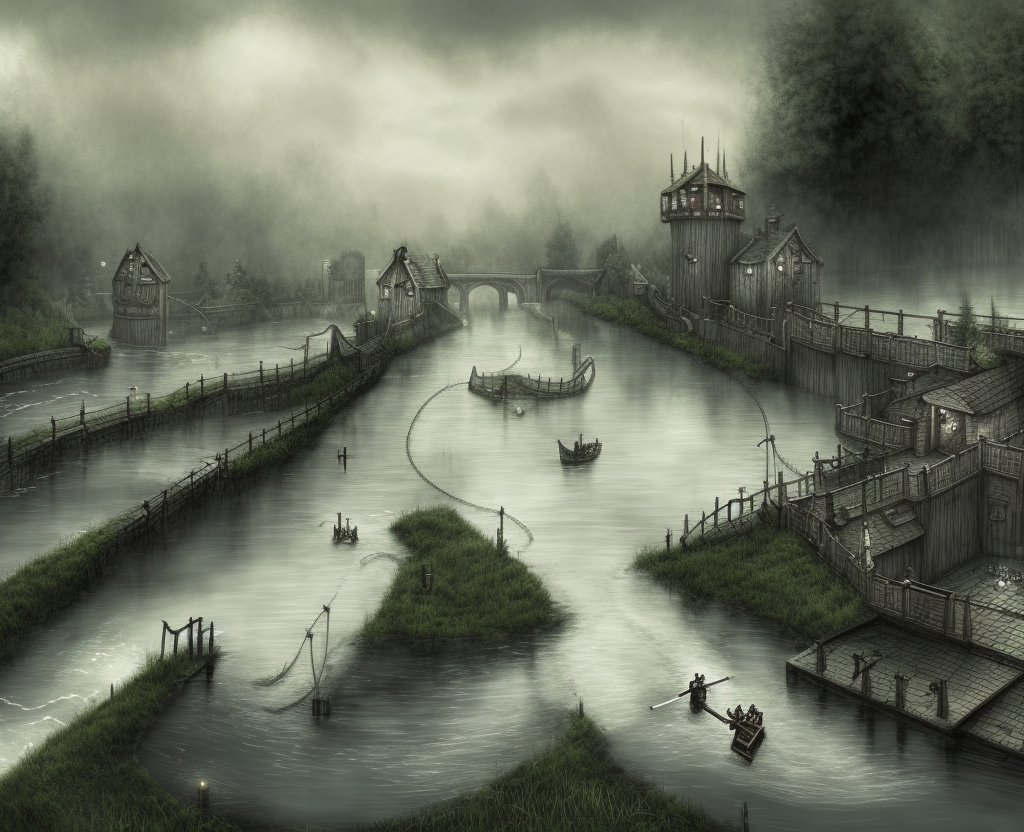 dark medieval wide rapid river, river lock with sluice, different water levels, Warhammer fantasy, one building, summer, trees, fishing, nets, misty, overcast, Dark, creepy, grim-dark, gritty, Yuri Hill, hyperdetailed, realistic, illustration, high definition