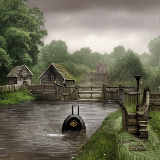 dark medieval river lock with sluices on wide river, lock gates, single house, Warhammer fantasy, summer, bushes, trees, nets, fishing, fish, water-lily, duckweed, boat, poor, black adder, muddy, puddles, misty, overcast, Dark, creepy, grim-dark, gritty, detailed, realistic, illustration, high definition
