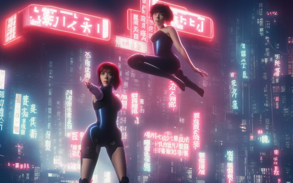 realistic scarlett johansson character from ghost in the shell, falling from the sky through clouds into a futuristic city on fire, with neon billboards of english and japanese characters


