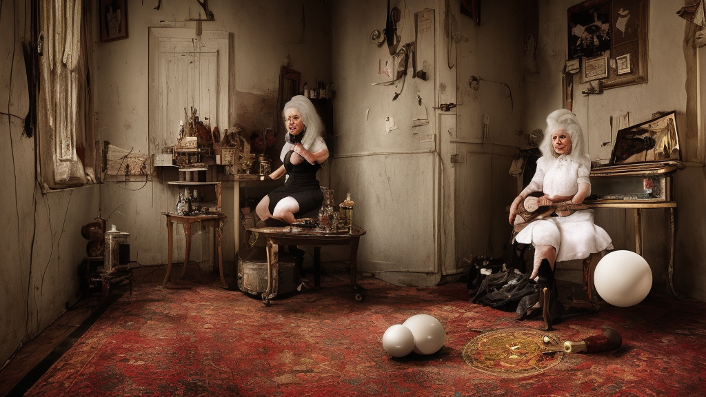 full body protrait beautifull witch with white hair in old room. A cristal ball on a wood table with a potions and old instruments. A cat on the floor licking his paw. photorealistic, profesional photo, by Steve McCurry