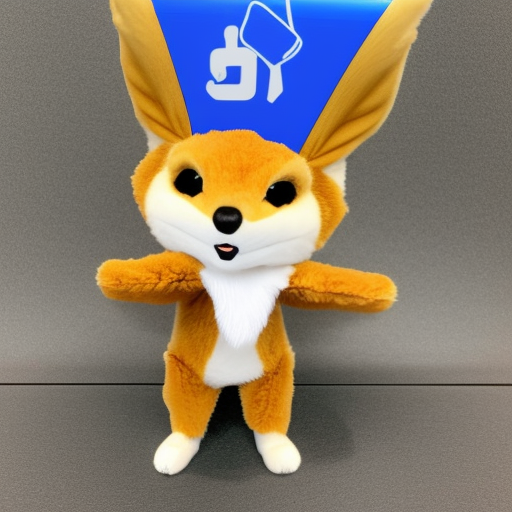 fennec mascot wearing a blue outfit and holding a package