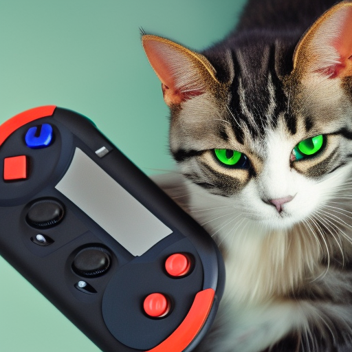 Cyberpunk Cat playing game with handheld console,