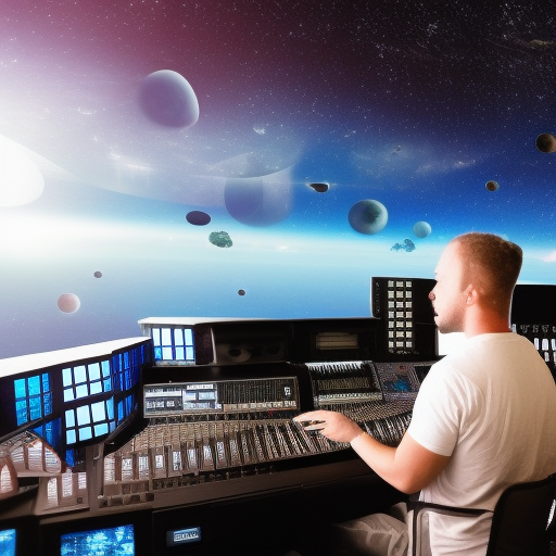 music producer inside a studio on a spaceship with windows showing the vast universe, stars everywhere, beautiful hyper reality