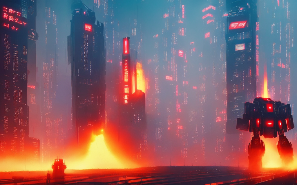 realistic large battle mech firing missiles into blade runner tower city on fire and exploding, neon japanese billboards, blue sky

