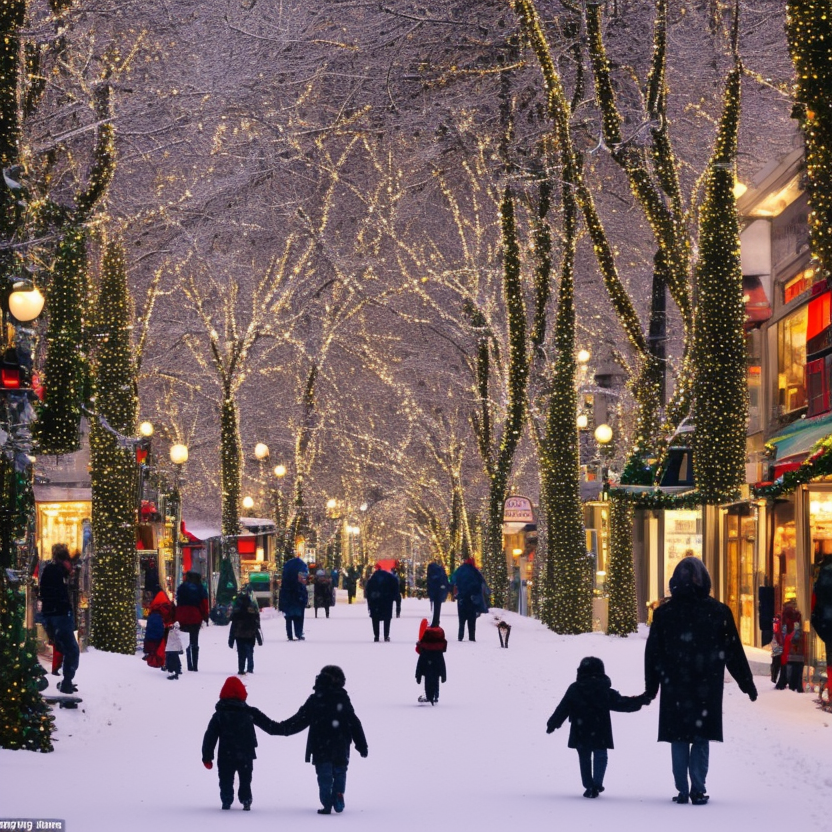 little people walk along the avenue, among the lights, shops and Christmas trees with garlands in the snowfall