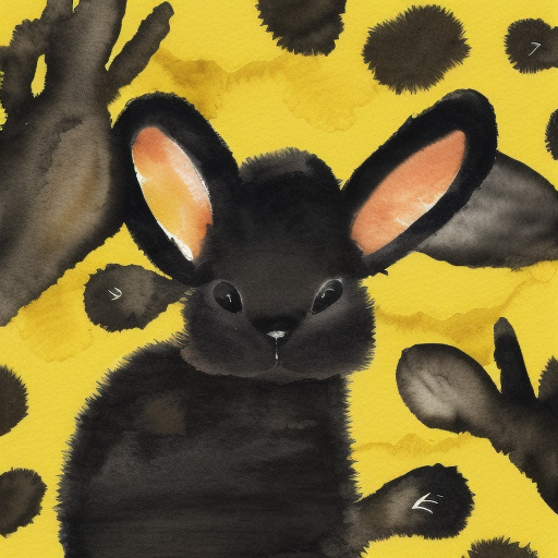 black fluffy rabbit with a beautiful muzzle on a yellow background, grained paper, watercolor