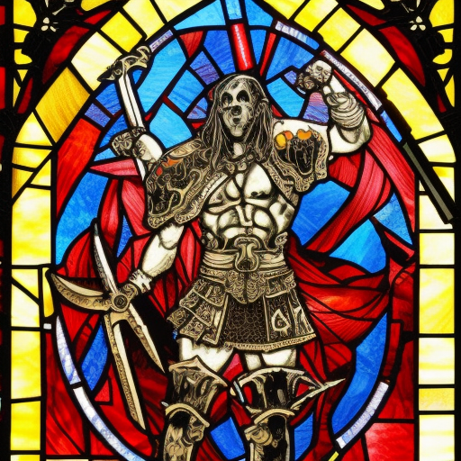 a young evil satanic triumphant gladiator holding a sword up, Warhammer fantasy, intricate stained glass, black and red, gold and blue, grim-dark, detailed, gritty