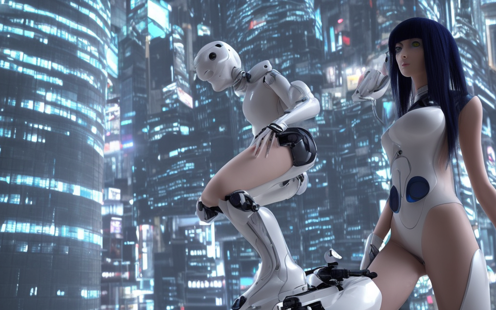 highly detailed realistic cyber girl standing next to her futuristic motorcycle in a ghost in the shell tower city on for with police robots slowly approaching 