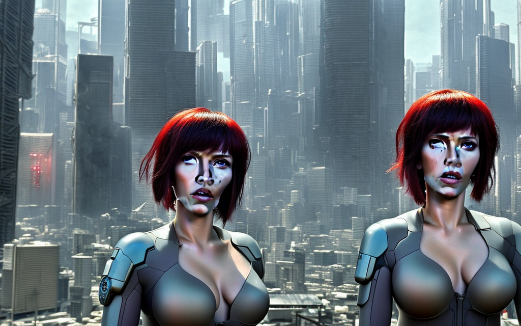 photo realistic style scarlett johansson character, ghost in the shell, tower city made of metal pieces and rubbish, buildings on fire, Japanese billboards