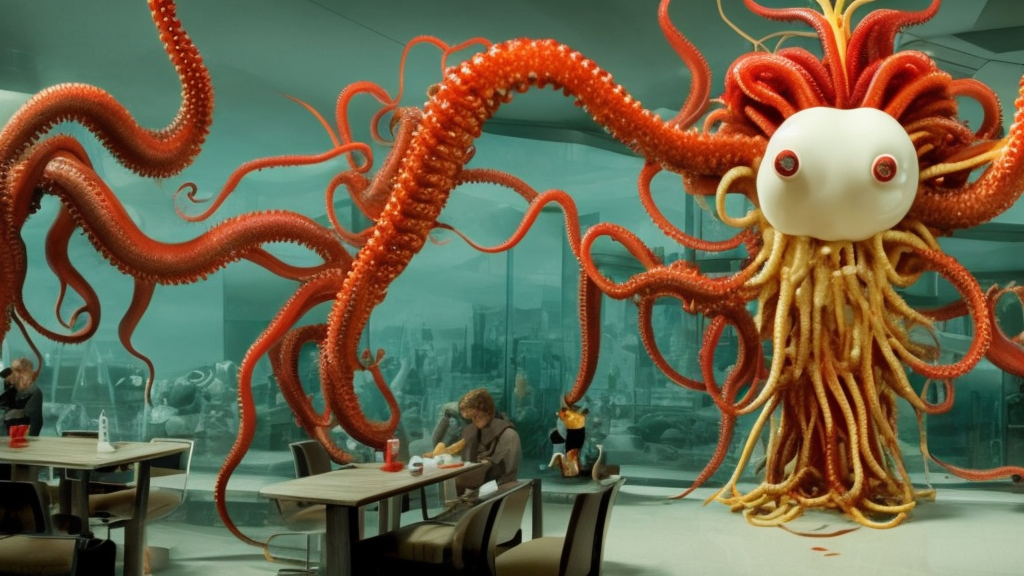 ronald mcdonald, mixed with an eldritch horror monster, with mechanical tentacles, in a mcdonalds lobby, film still from the movie directed by denis villeneuve with art direction by salvador dali