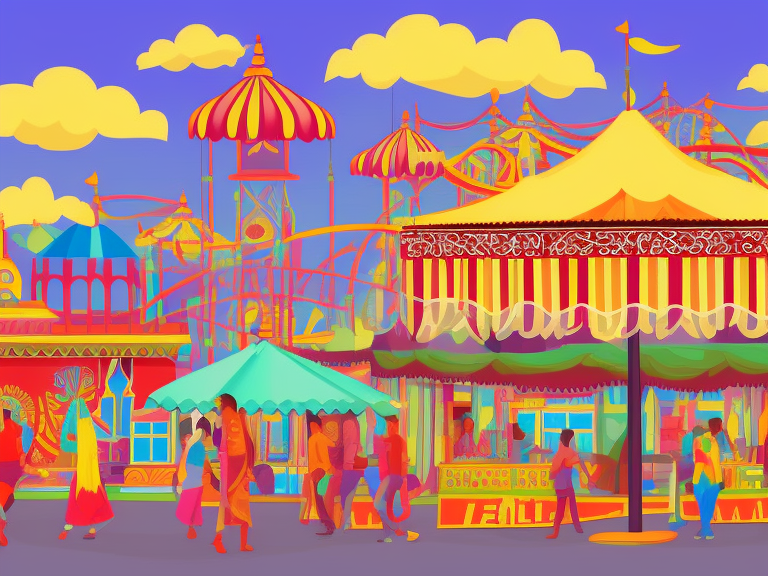 empty indian mela scene, many stalls, many rides and roller-coaster behind in background, digital vector art style, sunny background, perspective, interesting
