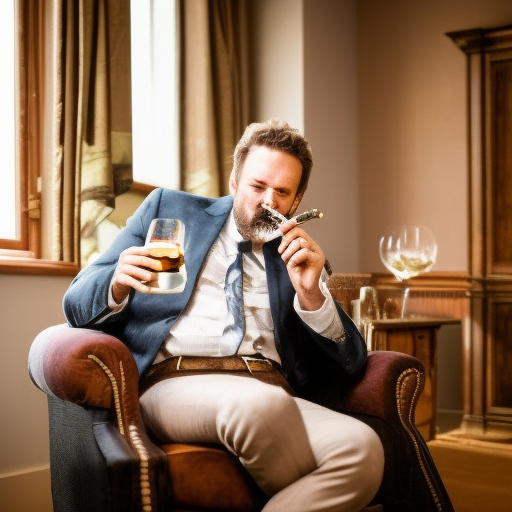 a horse in an armchair with a glass of whisky in his hand and a cigar in his mouth