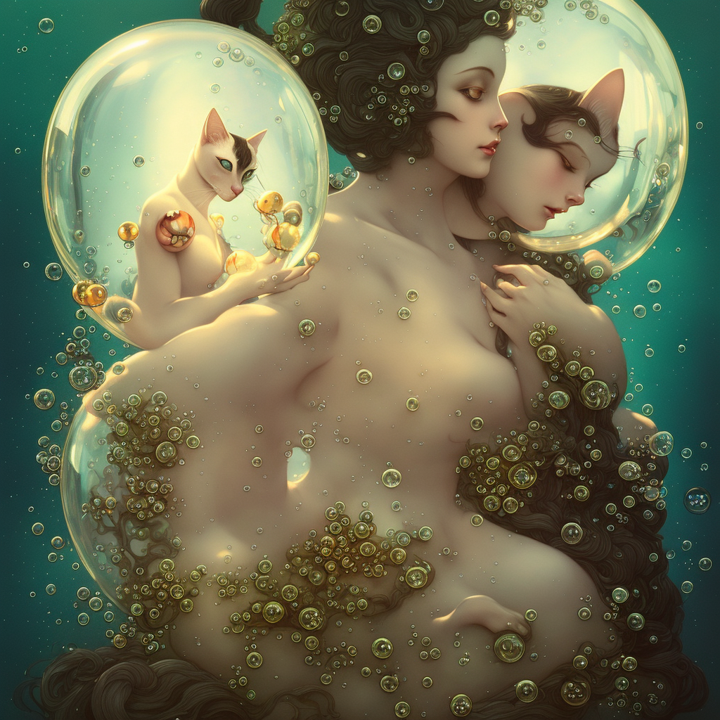 cat in a bubble, Anna Dittmann style, sharp, soap bubbles, detailed texture, 3d render, ethereal, reflection, floating, peter mohrbacher style, intricate, high definition, high resolution, high detail, elegant, award winning, illustration, cinematic, art station, Gustav Klimt