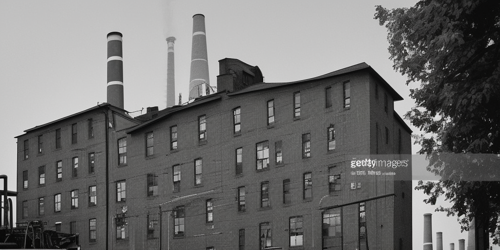 A black and white oil painting of a factory in Wuppertal, a very close-up shot. It is a clear and bright day. In the center of the image, a brick chimney stands tall, dominating the top half of the picture. In the background, behind the industrial building, there is a tree. Everything else is hidden in deep shadow except for the chimney. The chimney, as the tallest object, rises stretches towards the light of the sun, as if it were a tree turning towards its source of food. The tree, which is just a tree, is only a dark outline in comparison. Would it be too deep to say that here, the capitalist human work rises above natural creativity, showing its strength and pride without realizing that its downfall is already inherent in this outstanding pride? Or is a chimney sometimes just a chimney?