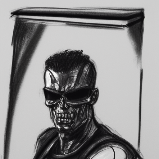 t-800 terminator sketching himself with charcoal on paper in the mirror