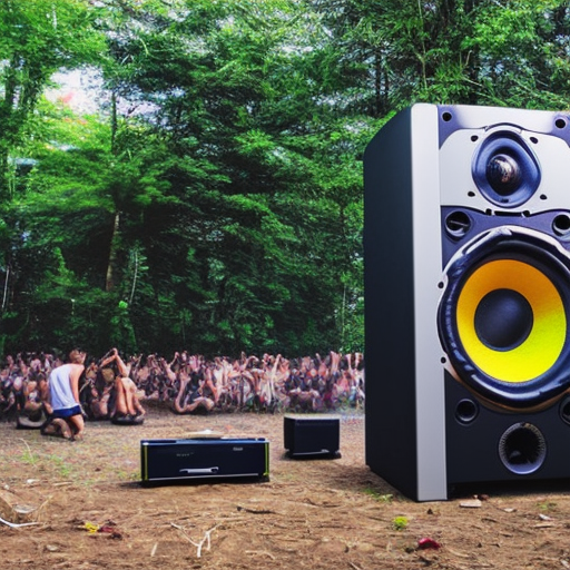 big sound system, subwoofer, rave, forest festival