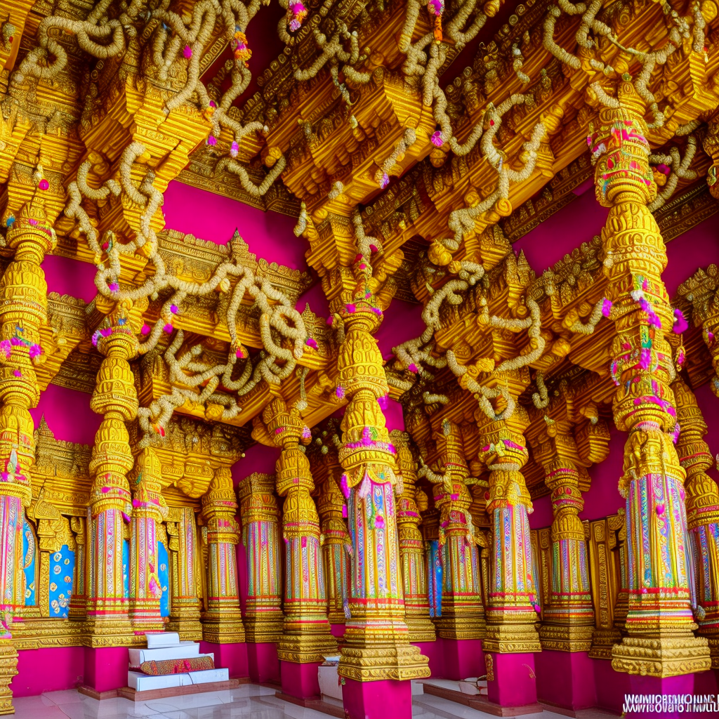 Photo Realistic, Hindu Temple, Ornate Decorations, decorated with many "Flowers" ,Natural Lighting, wide angle photography 