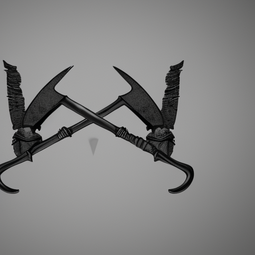 a distressed logo of 2 scythes facing each other with a crown on top