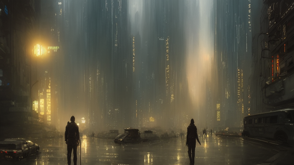 wanderer, sidewalk of a cyberpunk megacity, dramatic lighting, detailed background, gorgeous view, realistic, high detail, depth of field, lightrays, atmospheric, digital art, painted by greg rutkowski, painted by jeremy mann, painted by alphonse mucha, trending on artstation