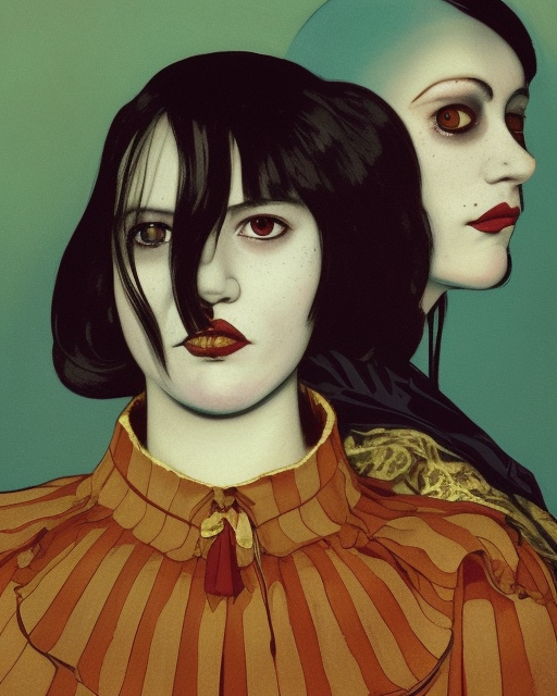 two beautiful but creepy siblings wearing vivienne westwood collars in layers of fear, with haunted eyes and dark hair, 1 9 7 0 s, seventies, wallpaper, a little blood, morning light showing injuries, delicate embellishments, golden hour, painterly, offset printing technique, by brom, robert henri, walter popp