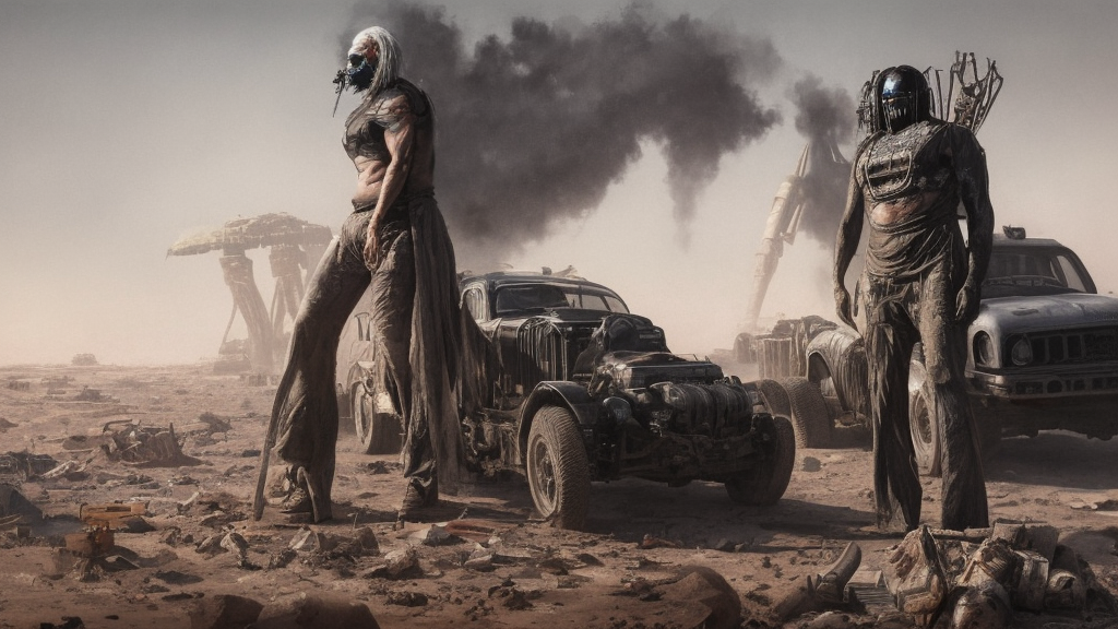 Portrait of Immortan Joe by Greg Rutkowski. He is making an announcement from his war rig in the desert by Mark Arian. It is bright and desolate and rusty by H.R. Giger. soft render, octane, highly detailed painting by Moebius. artstation Blank Canvas Scene by Tetsuya Nomura.
