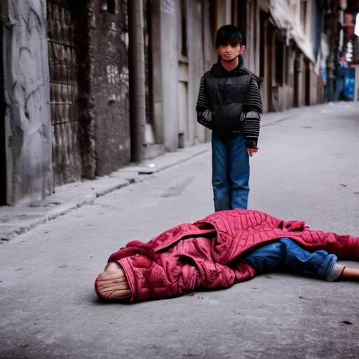 beautiful nine years old boy full body with old coat lay down on the street because he has an accident so car near the crowded bazar 3d ultra realistic cinematic lighting 