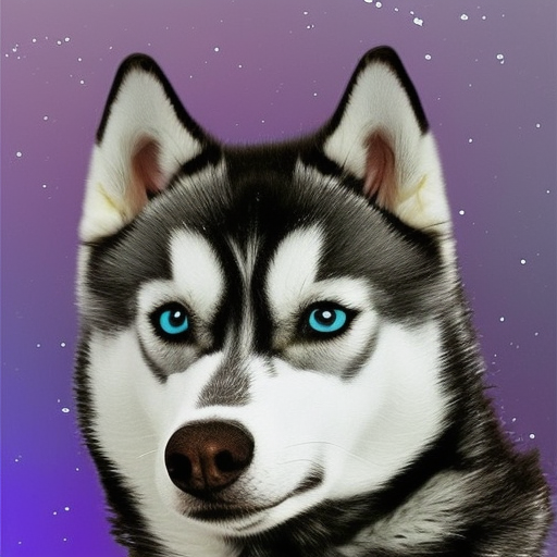 Create an image of a highly detailed, photo realistic 3D husky in space. The background should be a galaxy with vibrant colors and depth. The husky should have two different colored eyes, giving it a unique and striking look. Use studio lighting to enhance the realism and bring out the textures in the fur. Make sure the composition is visually pleasing and captures the essence of the husky's strength and beauty in the vast expanse of space. Ukiyo-e Japanese woodblock