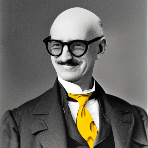 sixty-year-old scientist, bald, long gray sideburns, foggy glasses, evil grin, color photo portrait, suit with yellow trench coat, no mustache late 19th century