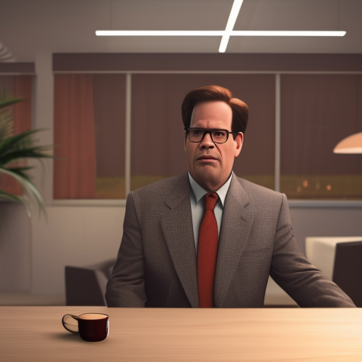 Bill Lumbergh of office space holding a coffee cup pixar artstyle, wide shot, dramatic lighting, octane render, hyperrealistic, high quality, HD, cinematic
