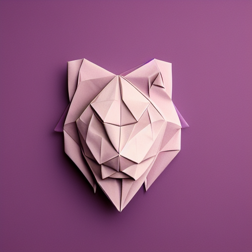 origami lion head, paper texture, zoomed out far, simple purple background, high quality 8k