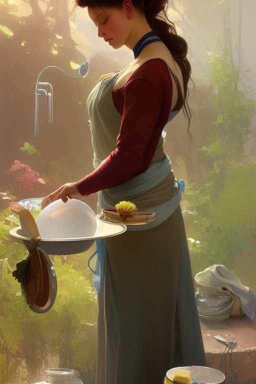 portrait of rural pregnant woman washing dishes with a sponge, digital painting, artstation, concept art, smooth, sharp focus, illustration, art by artgerm and greg rutkowski and alphonse mucha