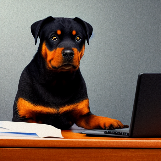 Rottweiler using a computer in an office, oil painting ultra-realistic portrait cinematic lighting 80mm lens, 8k, photography bokeh