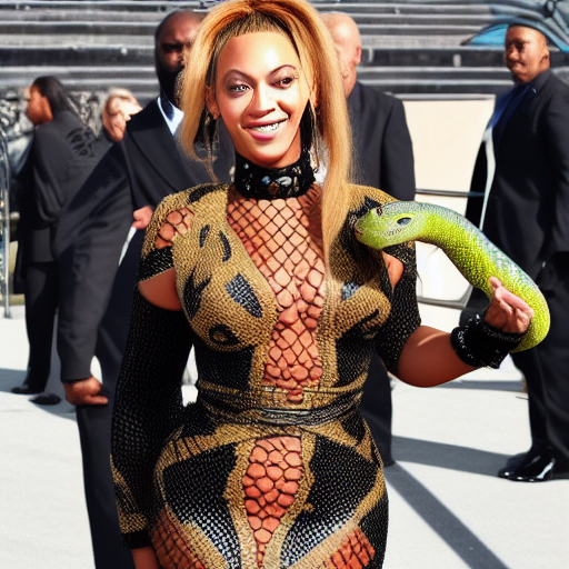 A Happy Beyonce as Black Panther petting a snake