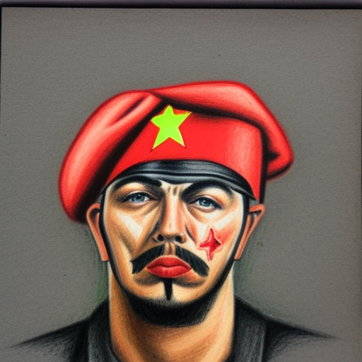 che guevarra, color pencil sketch, with red star on black beret, symmetrical