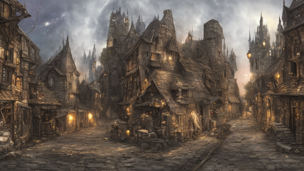 fantasy town, barricaded! streets, night watch, ( ( ruins ) )