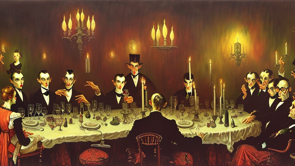 a formal dinner party attended by vampires on a table in a dark victorian dining room lit by a single bulb, painted by rick berry and norman rockwell and zdzislaw beksinski and cassius marcellus coolidge, highly detailed