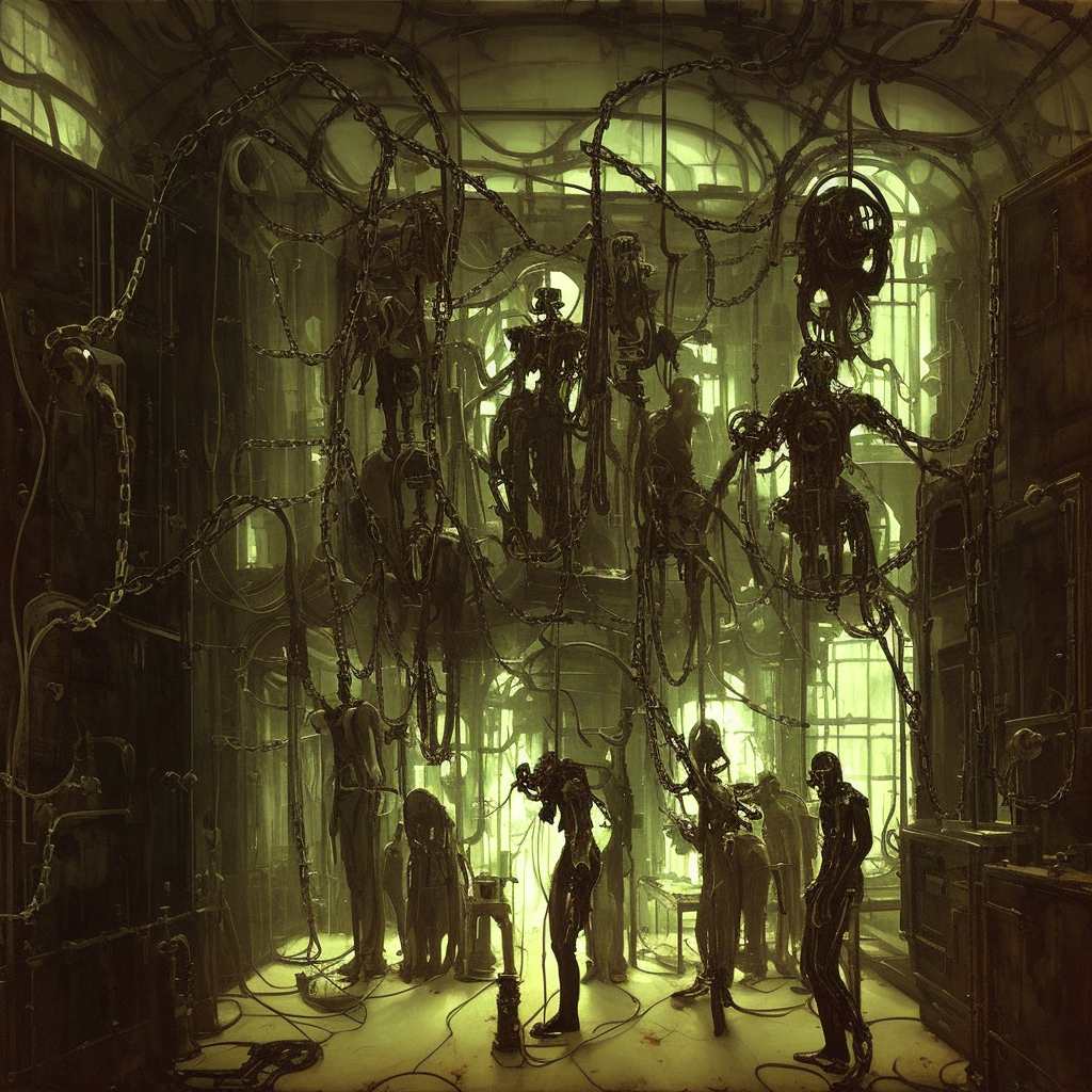 horrorpunk interior of pristine steampunk asylum laboratory testing chamber containing a chained mutant cyborg nicola samori marc simonetti william-adolphe borguereau viktor vasnetsov charlie bowater oil painting