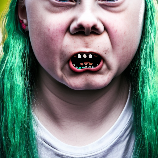 Greta Thunberg with Green hair, open mouth, tongue piercing,  Septum piercing and neck tattoos ultra-realistic portrait cinematic lighting 80mm lens, 8k, photography bokeh