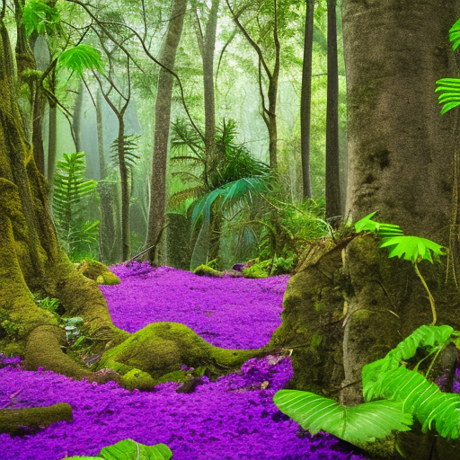 a jungle forest with quarried ruins and vibrant purple flowers dotting the forest floor