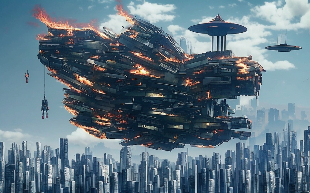 realistic ghost in the shell flying building made of parts and rubbish on fire