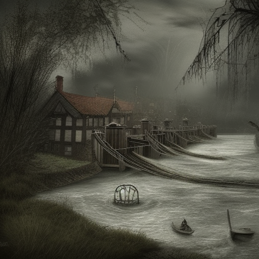 dark medieval wide rapid river, river lock with two wide sluices between island and shore, different water levels, Warhammer fantasy, single building, summer, trees, fishing, nets, black adder, misty, overcast, Dark, creepy, grim-dark, gritty, Yuri Hill, hyperdetailed, realistic, illustration, high definition