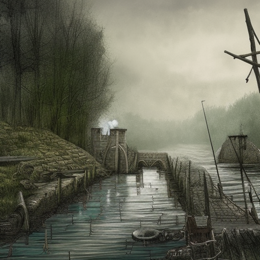 dark medieval wide river, river lock with two sluices, different water levels, Warhammer fantasy, one building, summer, trees, fishing, nets, black adder, misty, overcast, Dark, creepy, grim-dark, gritty, Yuri Hill, hyperdetailed, realistic, illustration, high definition
