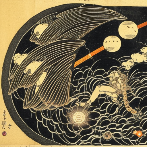 the primordial darkness embodying a greek god of death Thanatos with dark wings, wearing ancient greek glothing, galaxy with solar system Ukiyo-e Japanese woodblock